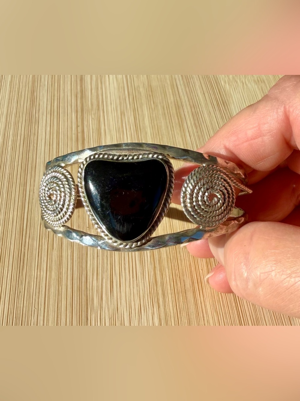 Vintage Alpaca (Mexican) Silver Black Onyx Heart Cuff Bracelet